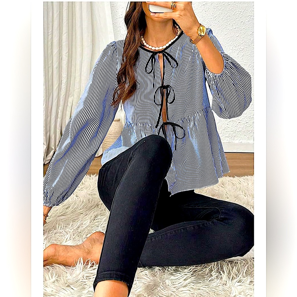 NIP Tie Front Babydoll Lantern Sleeve Crewneck Blouse